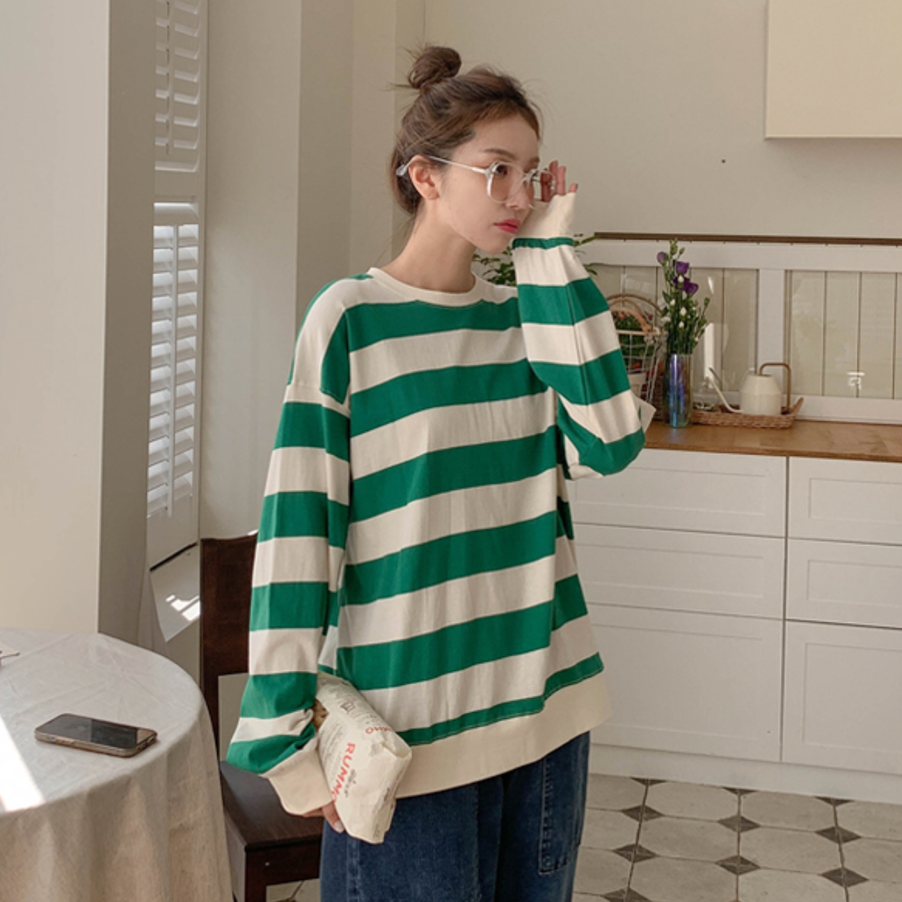 韩国代购特大码女装胖mm春装新品时尚宽条纹圆领长袖休闲卫衣0324