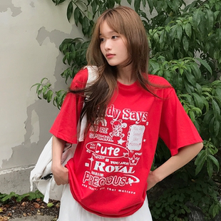 韩国特大码女装胖mm夏装新品时尚卡通字母图案圆领宽松短袖T恤706