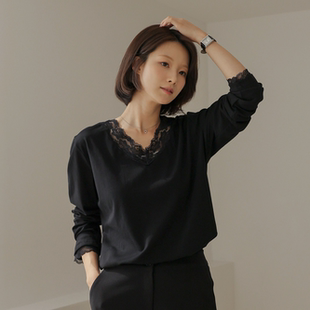 韩国代购大码女装胖mm秋装新品靓丽蕾丝边拼接V领时尚长袖T恤1007