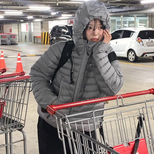 韩国大码女装胖mm冬装新品时尚压纹双拉链开襟连帽薄羽绒外套1223