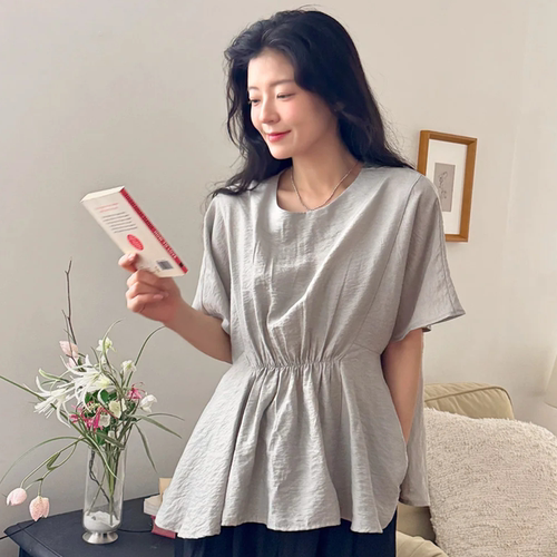 韩国大码女装胖mm夏装新品靓丽纯色抽皱宽松圆领宽松套头小衫805