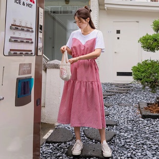 靓丽小格纹拼接圆领短袖 韩国大码 新品 女装 甜美连衣裙731 胖mm夏装