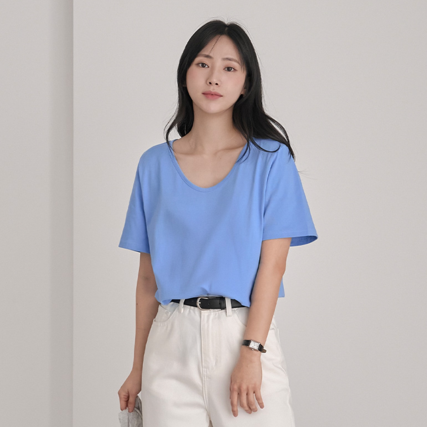 韩国特大码女装胖mm春装新品时尚纯色V领百搭宽松短袖休闲T恤406
