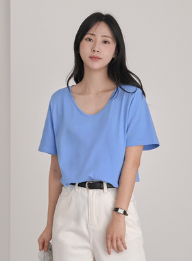 韩国特大码女装胖mm春装新品时尚纯色V领百搭宽松短袖休闲T恤406