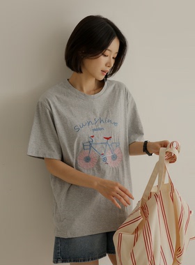 韩国代购大码女装胖mm夏装新品时尚卡通自行车图案短袖休闲T恤716