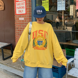 韩国特大码女装胖mm秋装新品时尚USC徽标图案圆领宽松休闲卫衣921