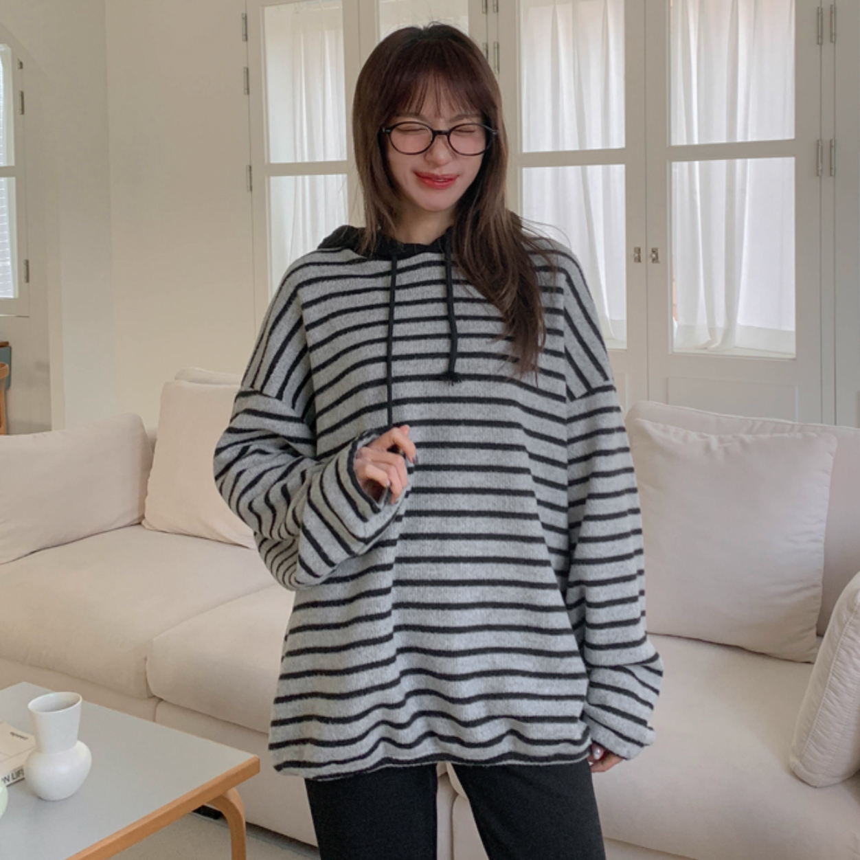 韩国代购大码女装胖mm冬装新品时尚条纹拉绳连帽宽松休闲卫衣0111,女装/女士精品,大码内搭,淘宝优惠券,粉丝福利购,淘宝优惠卷