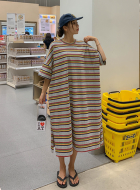 韩国特大码女装胖mm夏装新品时尚条纹圆领宽松短袖休闲连衣裙710