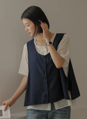 韩国代购大码女装胖mm夏装新品时尚拼接侧系带气质假两件衬衫718