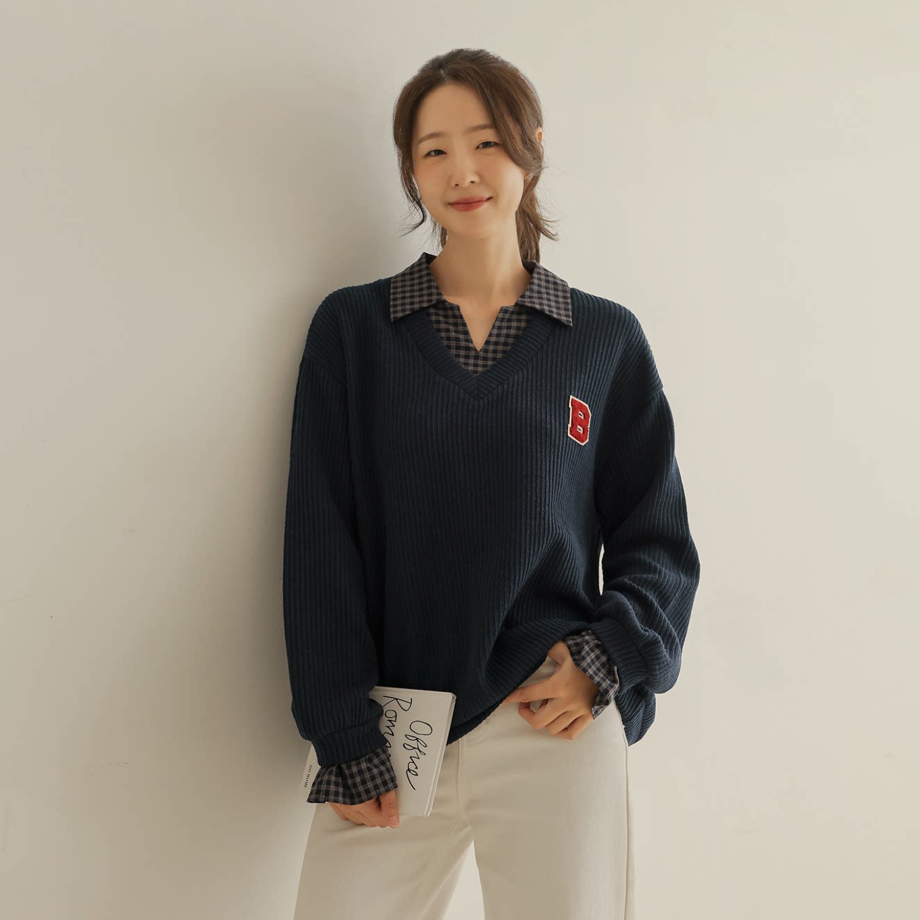 韩国代购大码女装胖mm秋装新品时尚小格纹翻领假两件休闲卫衣1013