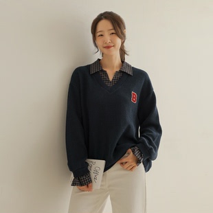 韩国代购大码女装胖mm秋装新品时尚小格纹翻领假两件休闲卫衣1013
