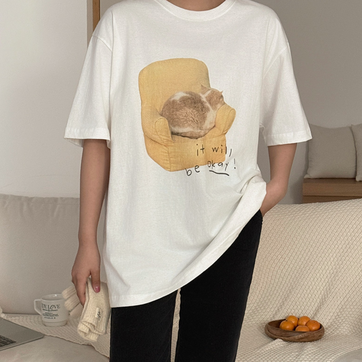 韩国大码女装胖mm冬装新品可爱猫咪图案圆领宽松短袖休闲T恤1202