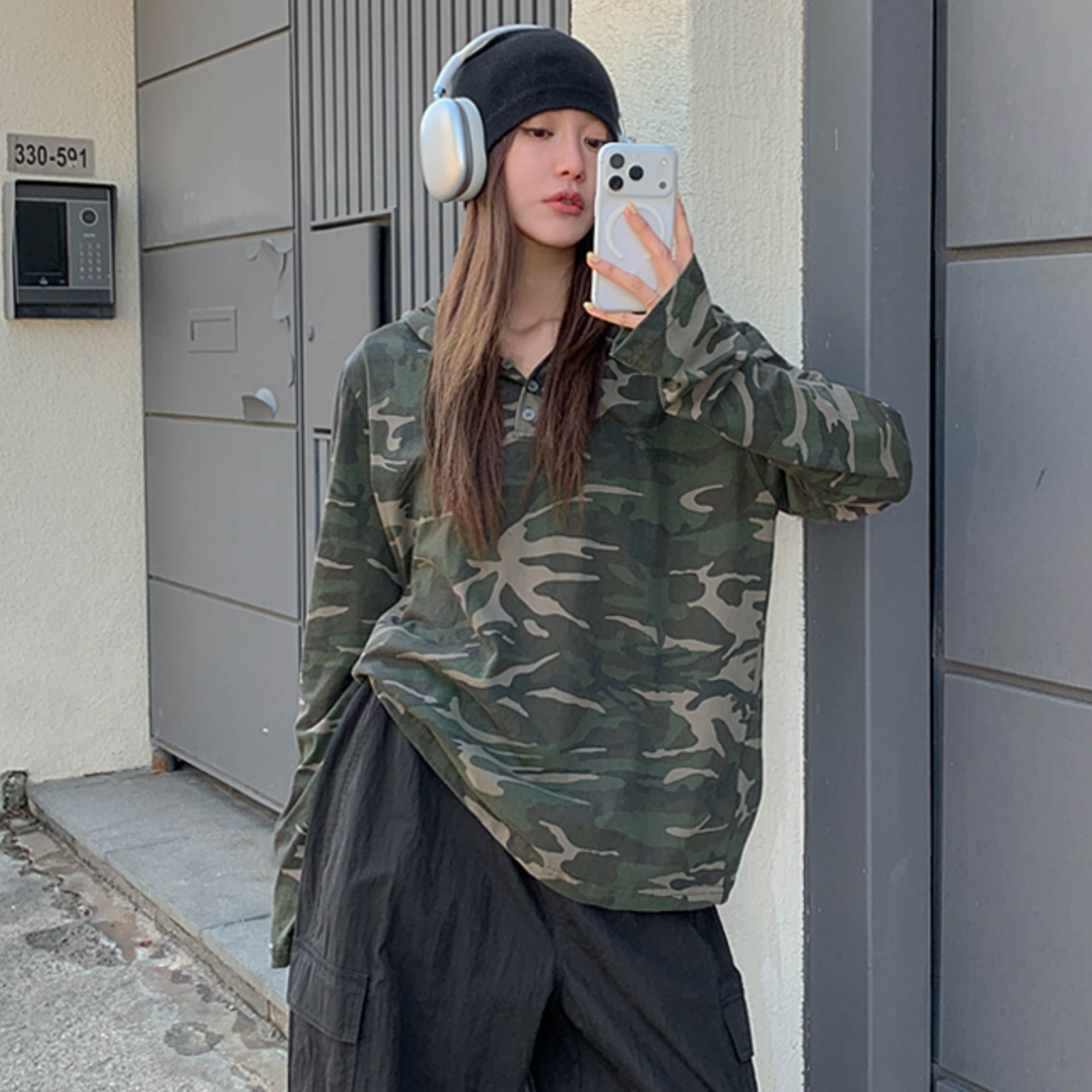 韩国特大码女装胖mm春装新品时尚迷彩纹连帽宽松长袖休闲卫衣0312