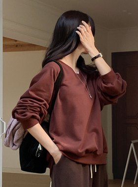 韩国代购大码女装胖mm秋装新品时尚纯色V领宽松薄绒休闲卫衣1015