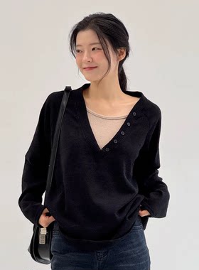 韩国代购大码女装胖mm冬装新品时尚拼接V领假两件长袖针织T恤1018