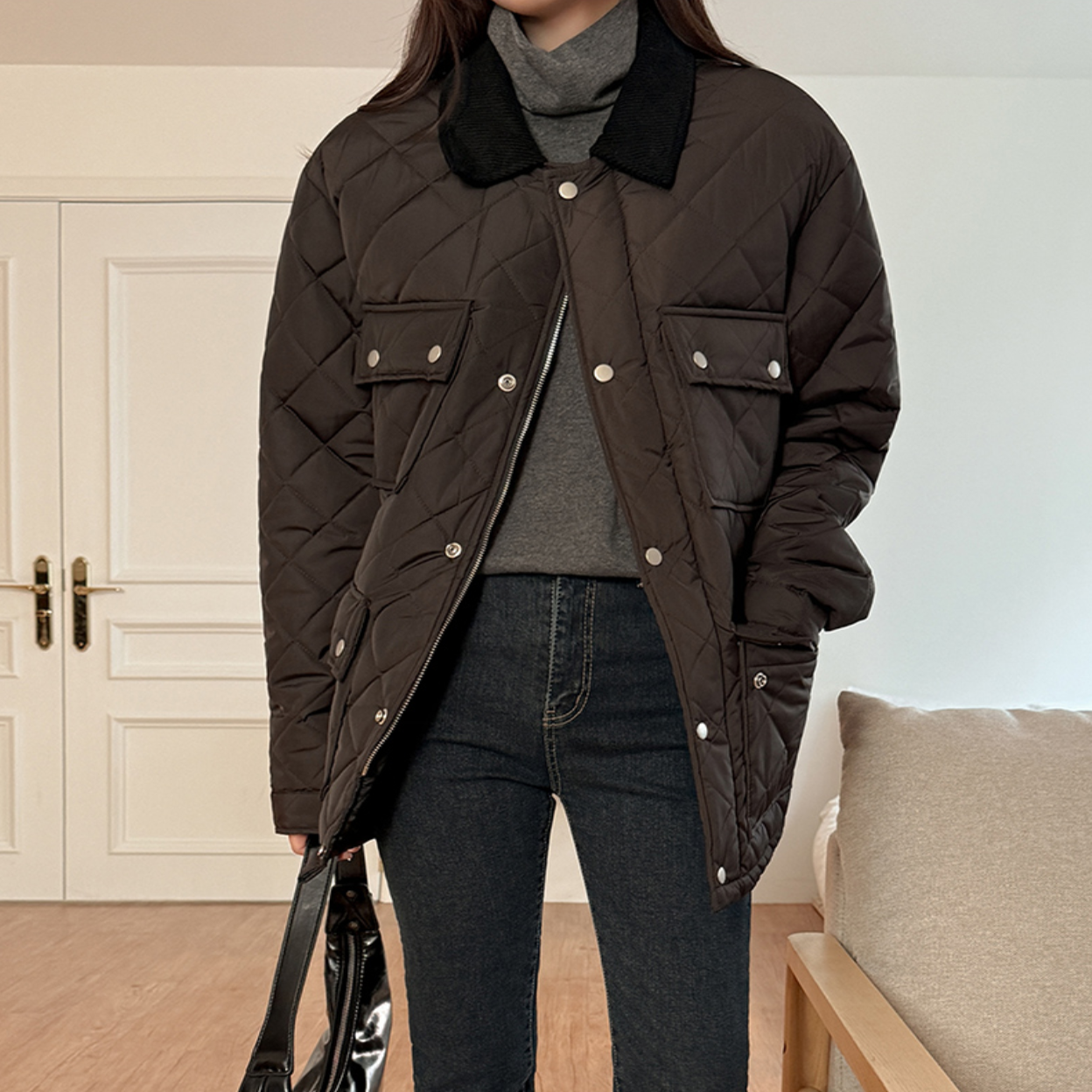 韩国代购特大码女装胖mm冬装新品靓丽气质翻领通勤时尚外套1201