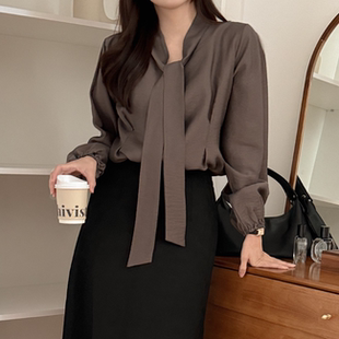 新品 胖mm冬装 时尚 纯色气质系结领通勤长袖 1219 韩国特大码 衬衫 女装