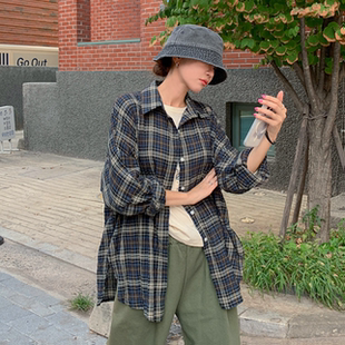 韩国代购大码女装胖mm秋装新品时尚格纹翻领宽松长袖休闲衬衫828