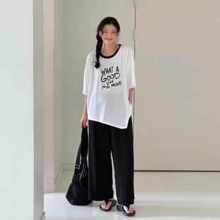 韩国代购大码女装胖mm夏装新品时尚字母图案舒适短袖长裤套装727