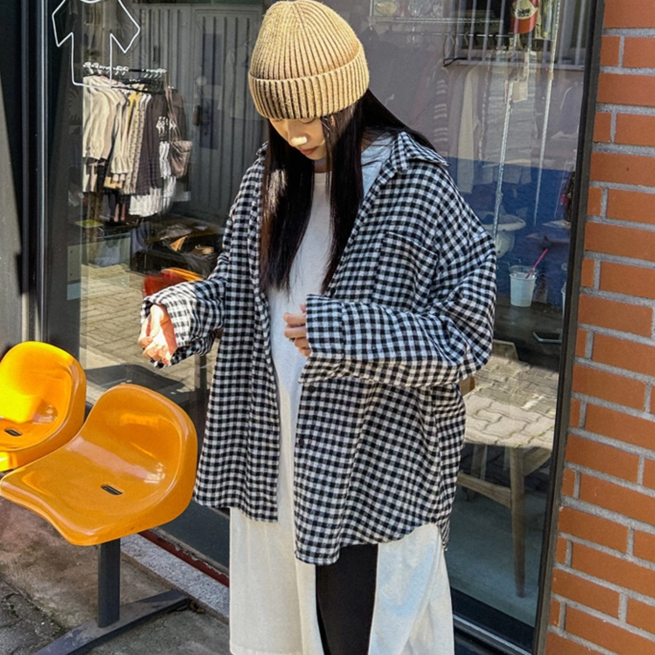 韩国特大码女装胖mm冬装新品时尚小格纹翻领宽松加厚拉绒衬衫1214