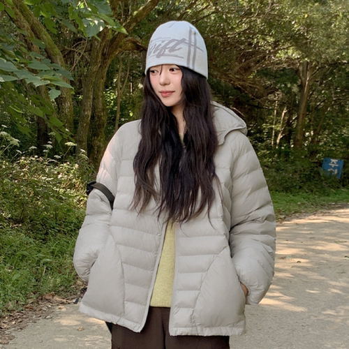 韩国代购大码女装胖mm冬装新品靓丽纯色压纹连帽保暖轻薄羽绒服99