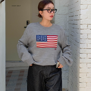 韩国特大码女装胖mm秋装新品时尚星条旗图案圆领宽松针织毛衣1020