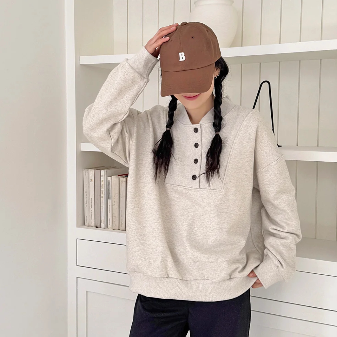 韩国特大码女装胖mm春装新品时尚纯色半开襟V领宽松休闲卫衣0224