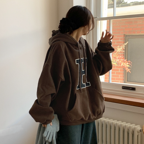 韩国特大码女装胖mm冬装新品时尚H字母薄绒宽松连帽休闲卫衣1215