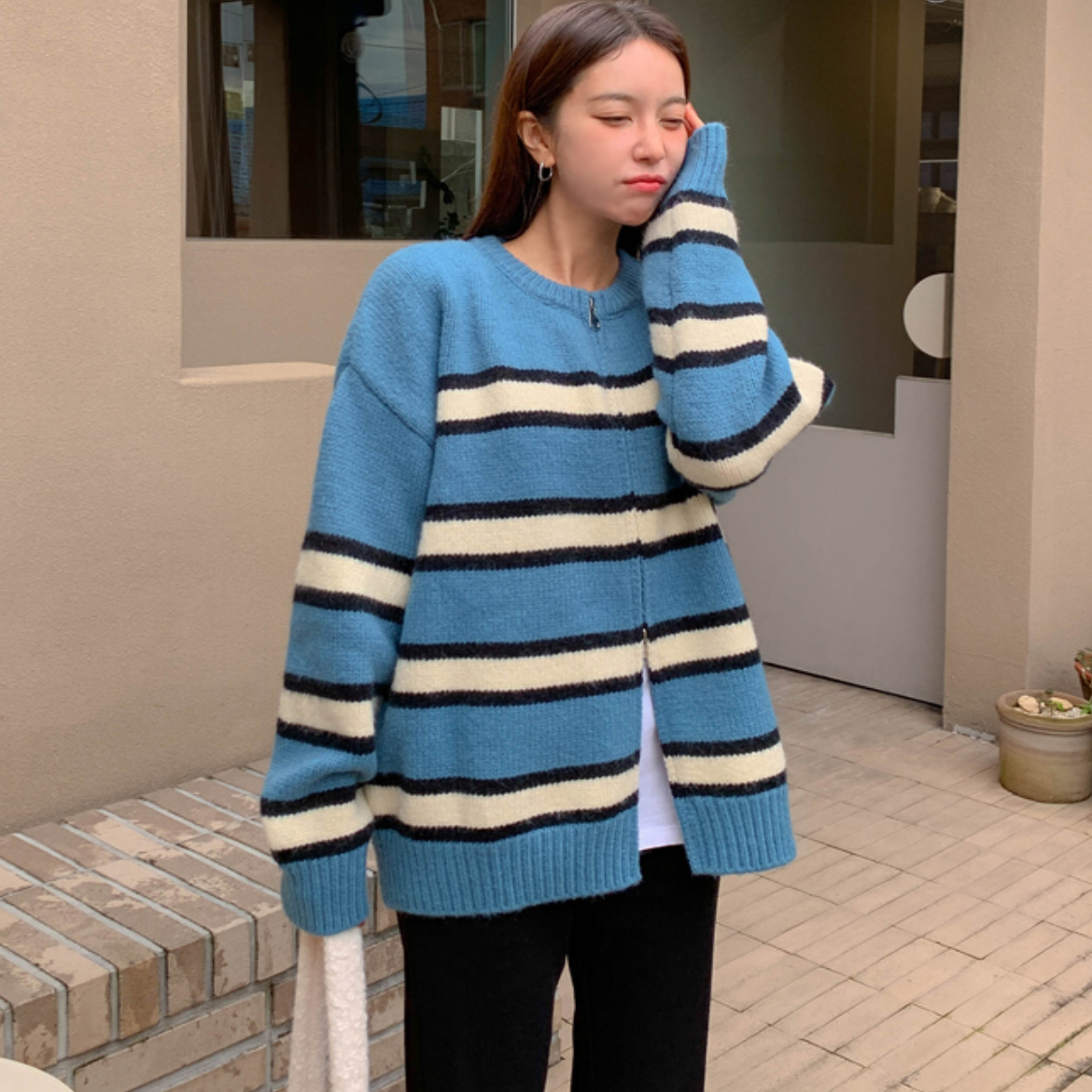 韩国大码女装胖mm秋装新品时尚条纹圆领宽松拉链针织开衫外套1027