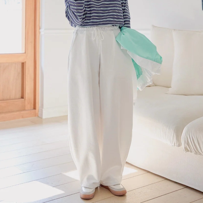 韩国代购大码女装胖mm春装新品时尚纯色系带松紧腰宽松休闲裤0301