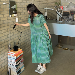 女装 新品 韩国特大码 胖mm夏装 连衣裙503 靓丽格子圆领短袖 甜美时尚