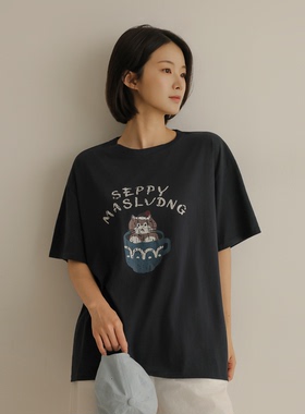 韩国特大码女装胖mm夏装新品可爱卡通杯子猫咪图案短袖休闲T恤716