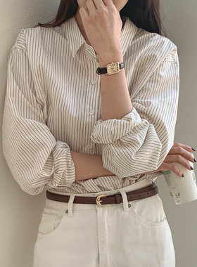 韩国特大码女装胖mm春装新品靓丽竖条纹翻领宽松长袖休闲衬衫0118