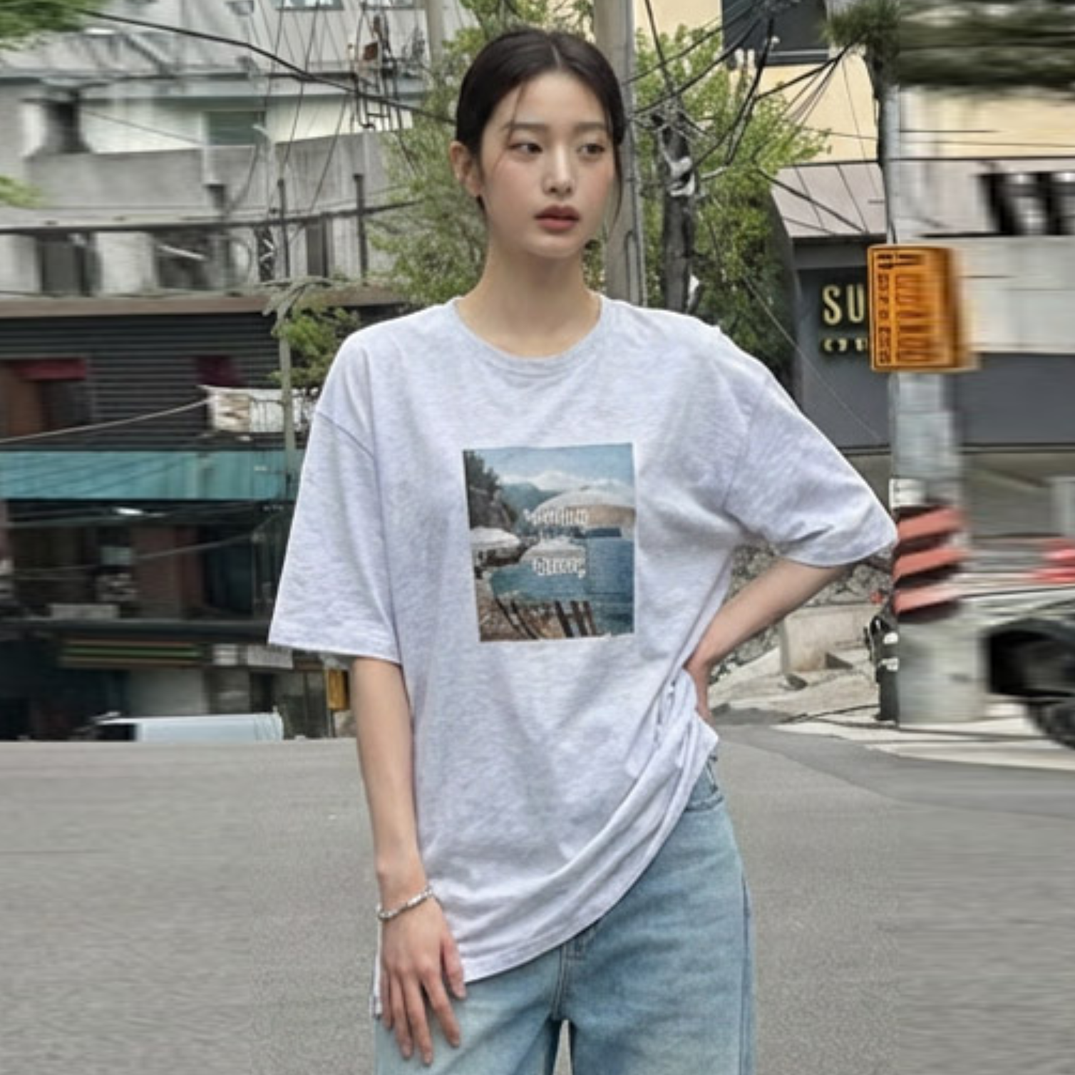 韩国代购特大码女装胖mm夏装新品时尚风景图案圆领短袖休闲T恤601