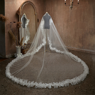 头纱新娘婚纱头饰结婚高级感长款拖尾公主风花边拍照森系简单