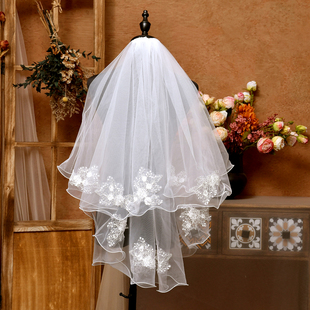 头纱双层白色蕾丝森系高级感婚礼拍摄结婚法式复古风道具领证求婚