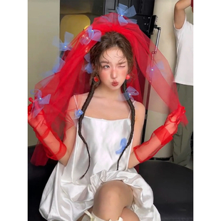 新娘头纱领证红色蓝色蝴蝶结婚纱复古头饰摄影多巴胺道具造型拍照