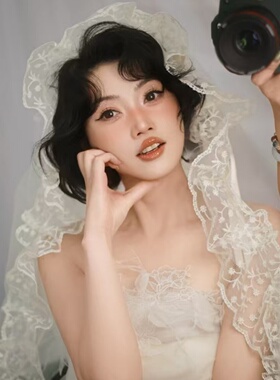 新娘头纱领证结婚白色蕾丝法式复古头饰摄影拍照道具造型高级感