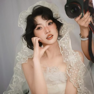 新娘头纱领证结婚白色蕾丝法式复古头饰摄影拍照道具造型高级感