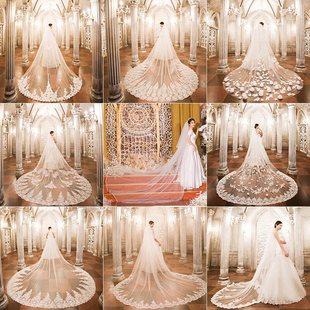 头纱新娘主婚纱长款 花边拖尾婚礼头饰结婚影楼拍超仙白色高级发饰