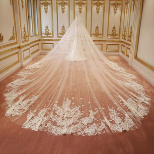 新娘结婚主婚纱香槟色头纱白影楼婚礼拍照头饰超仙森系长款 大拖尾