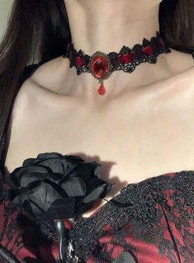 暗黑哥特风猩红宝石项链复古小众