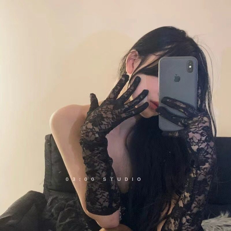 蕾丝纱网手套亚文化Y2K搭配连指手套小花蕾丝防晒袖套