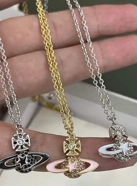 轻奢镶钻土星吊坠金属链条锁骨链
