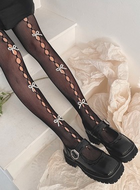 新款JK女孩连裤袜珍珠蝴蝶结破洞网袜Loita亚文化长筒连裤丝袜