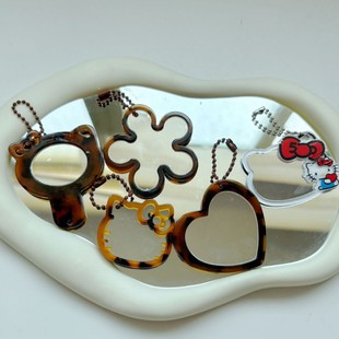 韩国高质感爱心镜子可爱KT猫醋酸豹纹化妆镜钥匙扣包挂件挂饰DIY