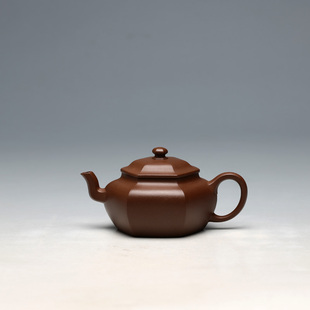 宜兴紫砂茶壶 高峰 六方笠帽壶 全手工方器紫泥 明理 190CC