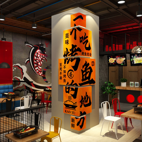 网红烤鱼火锅店墙面装饰品摆件工业风创意广告贴纸画餐厅饭馆万州