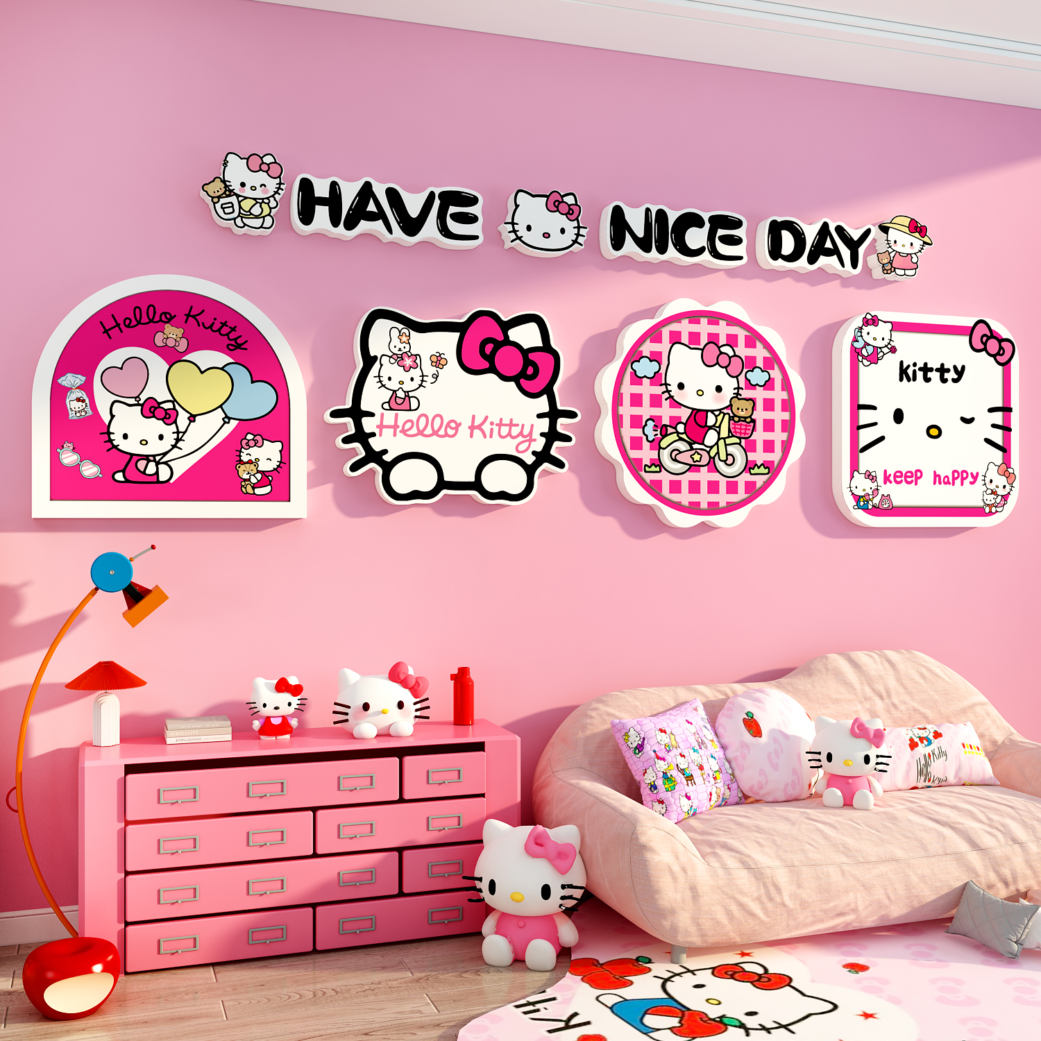 哈喽hellokitty凯蒂猫儿童房间布置墙面装饰女孩卧室贴画背景好物图片