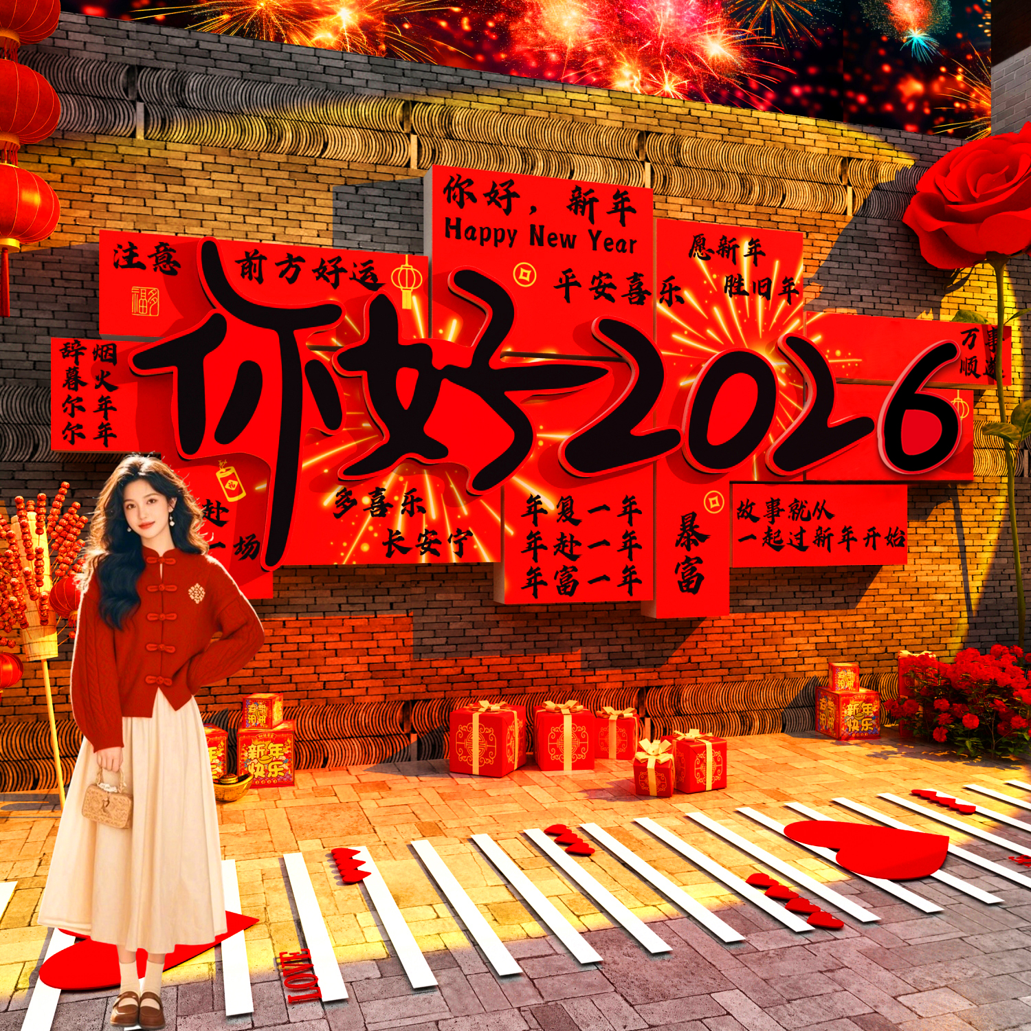 你好2026跨过马新年场造景氛围布置网红打卡拍照区春节墙面装饰品